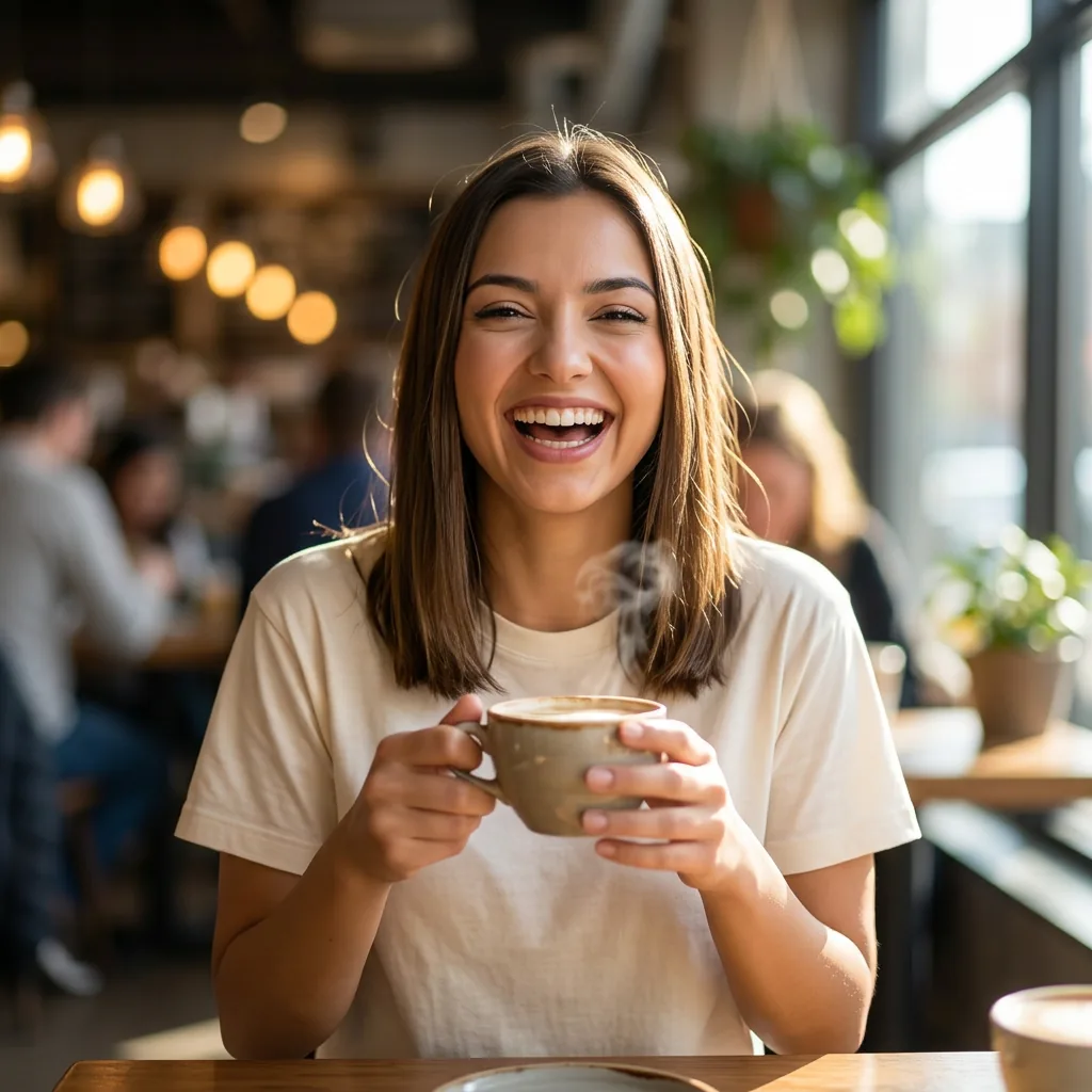 Same creator laughing in a cafe