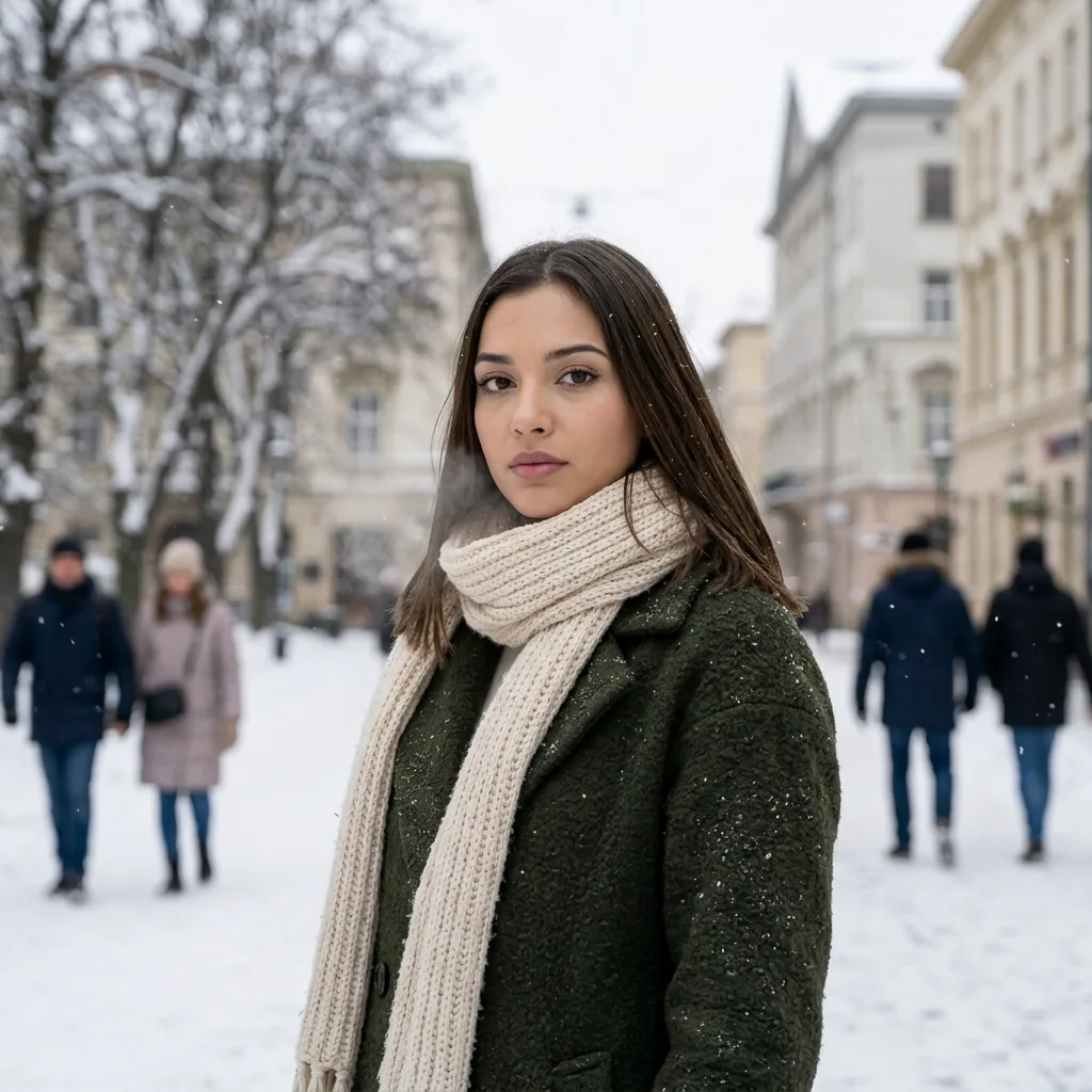 Same creator in a winter coat on a snowy street